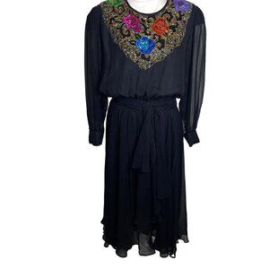 Diane Freis Original Womens Dress Black Size 1X Vintage 80s Silk Beaded Sequin